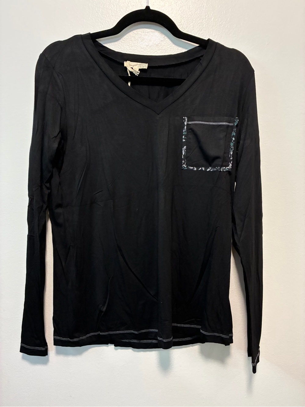 Mystree Black V-Neck Modal Long Sleeve Top with Fall Inspired Pocket